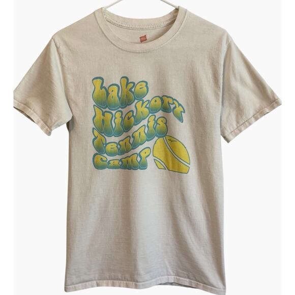 VINTAGE 90s Groovy Tennis Camp T-Shirt Retro Hanes Small Graphic Print Novelty - Picture 1 of 8